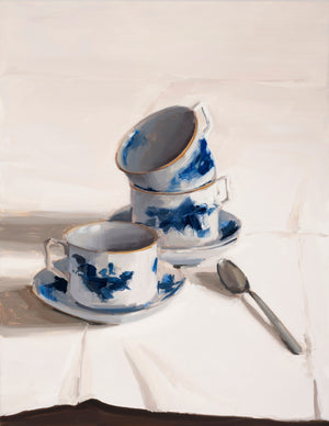 Carrie Mae Smith blue rose teacups with spoon.