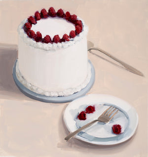 Carrie Mae Smith cake with raspberries small plate and fork.