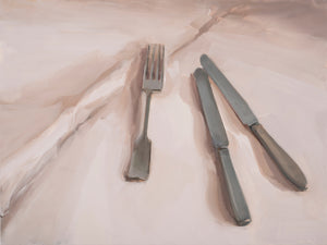 Carrie Mae Smith fork and two knives on linen.