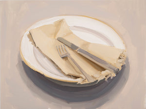 Carrie Mae Smith fork knife and yellow napkin on gold rimmed plate.