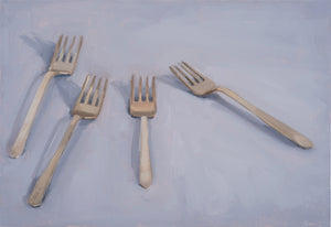 Carrie Mae Smith four forks on periwinkle tablecloth.