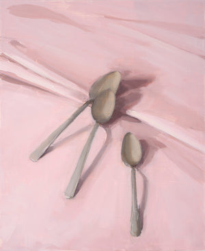 Carrie Mae Smith three spoons on rose pink tablecloth.
