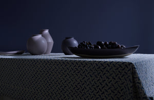 Christiane perrochon indigo and thistle vases on gregory parkinson indigo rain tablecloth