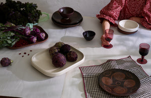 Default davide fuin amethyst goblet shown tabletop with john pawson serveware set with purple vegetables and brown gingham napkin and plate 