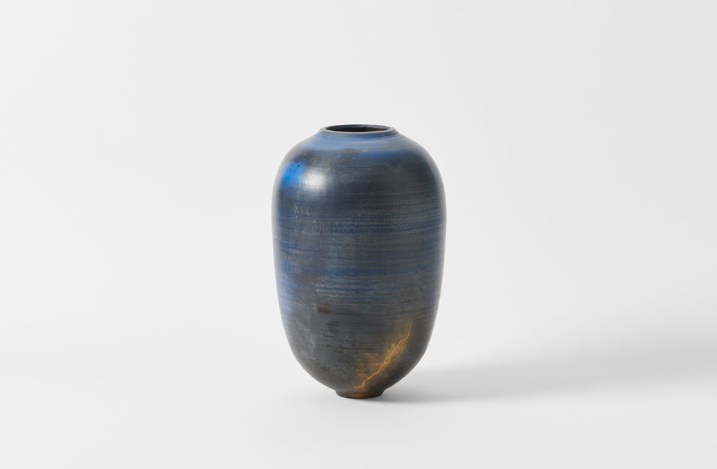 Karen Swami blue smoke fired extra large vessel with gold kintsugi