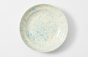 Turquoise and cream 17 inch splatterware platter overhead.