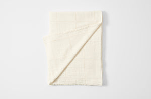 Ivory linen windowpane tablecloth folded with detail of reverse