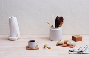 Tracie-Hervy-White-Ceramic-Utensil-Croc-and-mug-with-Michael-Verheyden-marble-Paper-Towel-Holder-with-azmaya-tray-and-butter-dish-on-counter-Default