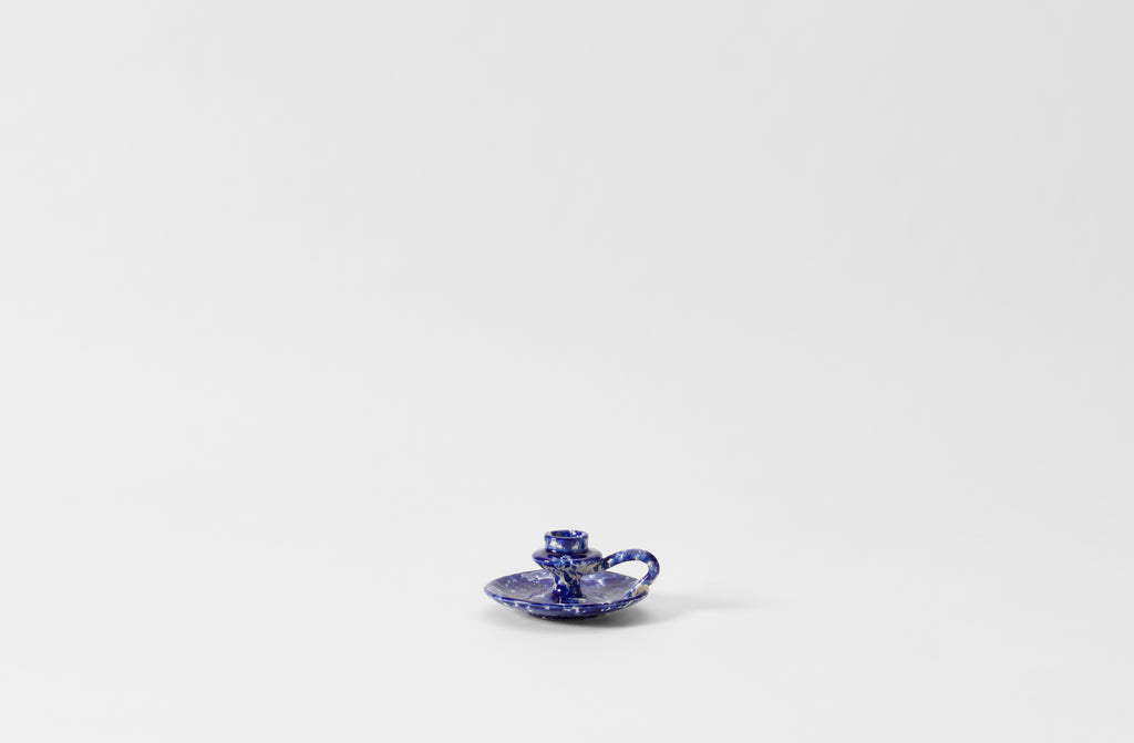 blue on cream splatterware chamberstick candleholder