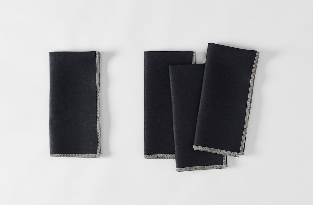 Boxwood Linen Black Overlock Napkin with Flax Stitching