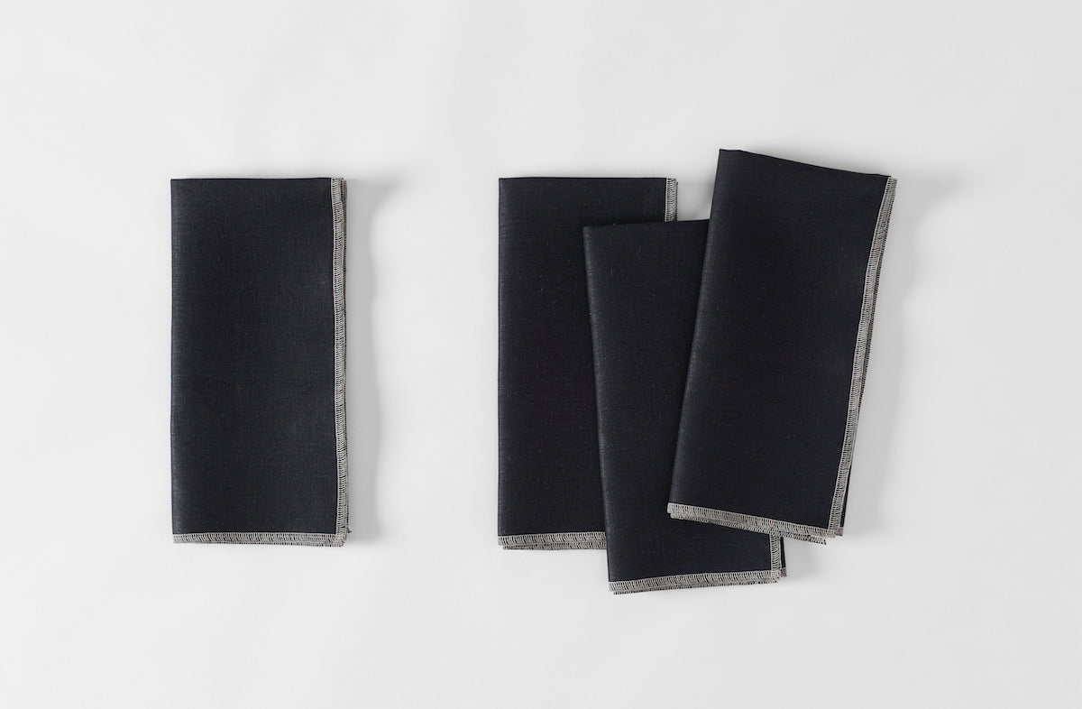 Boxwood Linen Black Overlock Napkin with Flax Stitching