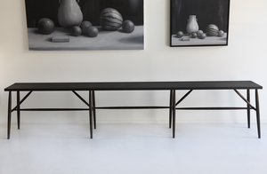 At-MARCH-sawkille-penn-bench-in-black-in-front-of-karyn-lyons-black-and-white-still-life-paintings