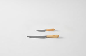 Two knives with wooden handles on a light gray background. Default 