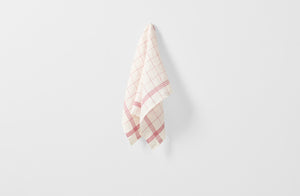 Red and white bistrot kitchen towel hanging