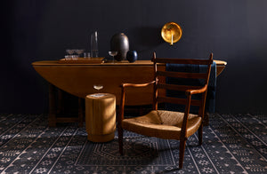  Holiday apertif with Franz Xaver Sproll 1950S armchair 1940s French Oval Oak Drop Leaf Dining Table on patterned floor with Michaël Verheyden Oak Tabou Stool and Malin Applegren Sconce-Default