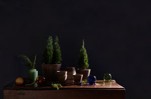Small potted trees in Berg grey pots on antique table with glass ornaments