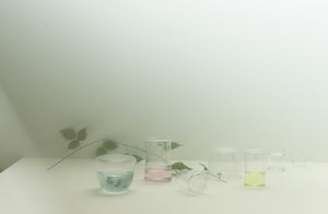 Dreamy image of Lobmeyr lidded carafe and small and round lidded boxes filled with pale pastel liquids and set on a table with a single tapering vine.