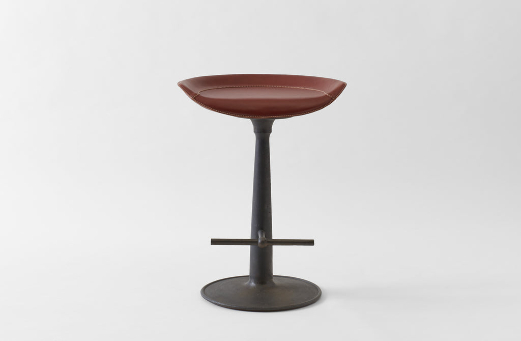Joshua Vogel for MARCH Cast Iron Stool with Leather Tractor Seat