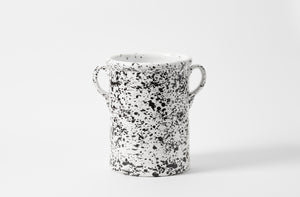 Black and white splatterware tall pot.