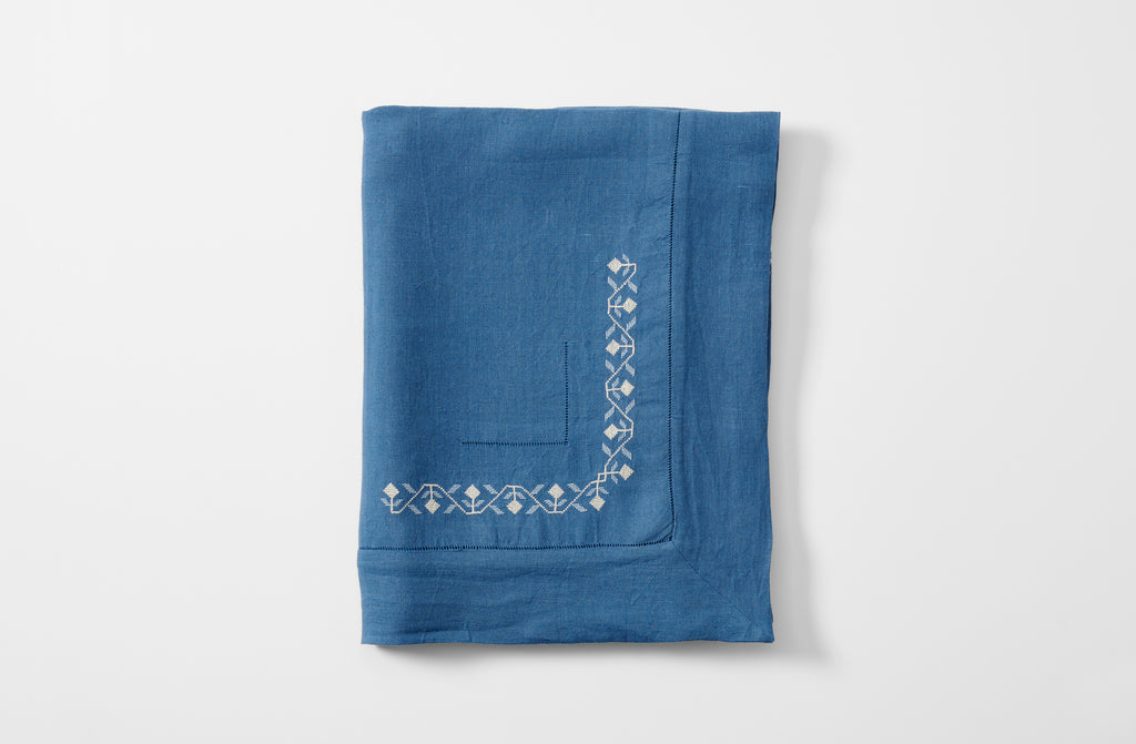 Embroidered blue ottoman vase tablecloth folded