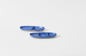 Christiane Perrochon bright blue small oval dish with three spaces and two spaces