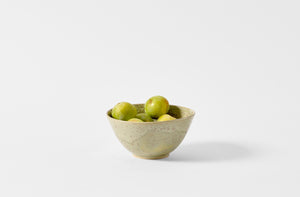 Christiane Perrochon green gray spot medium bowl holding green plums.