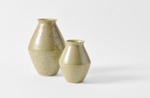 Medium and small Christiane Perrochon green gray spot vases.