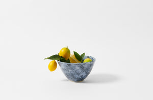 Christiane Perrochon painted indigo white bowl holding lemons.