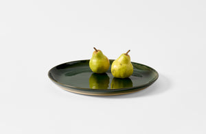 Christiane Perrochon extra large gloss spruce platter holding two green pears.