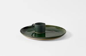 Christiane Perrochon extra large gloss spruce platter with one matte bottle green mug.