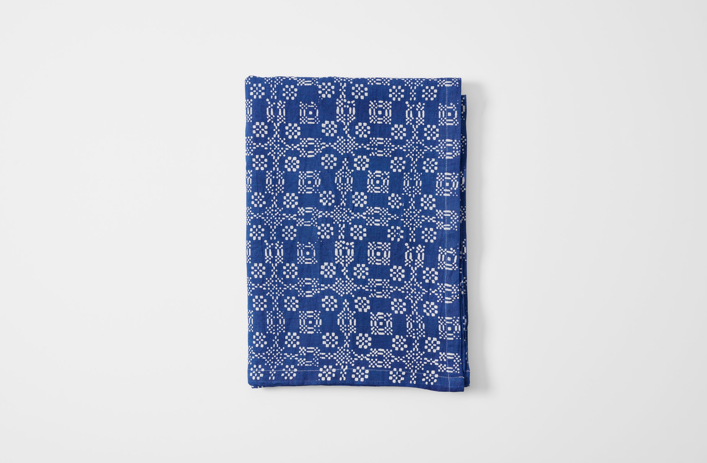 Hand-Printed Checkered Floral Indigo Linen Tablecloth