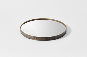 Ifuji gray maple round mirror laying flat with detail of frame.