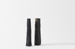 Jonathan Kline narrow woven black grey sculpture with narrow woven black sculpture.