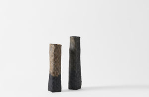 Jonathan Kline narrow woven black grey sculpture with woven grey black sculpture.