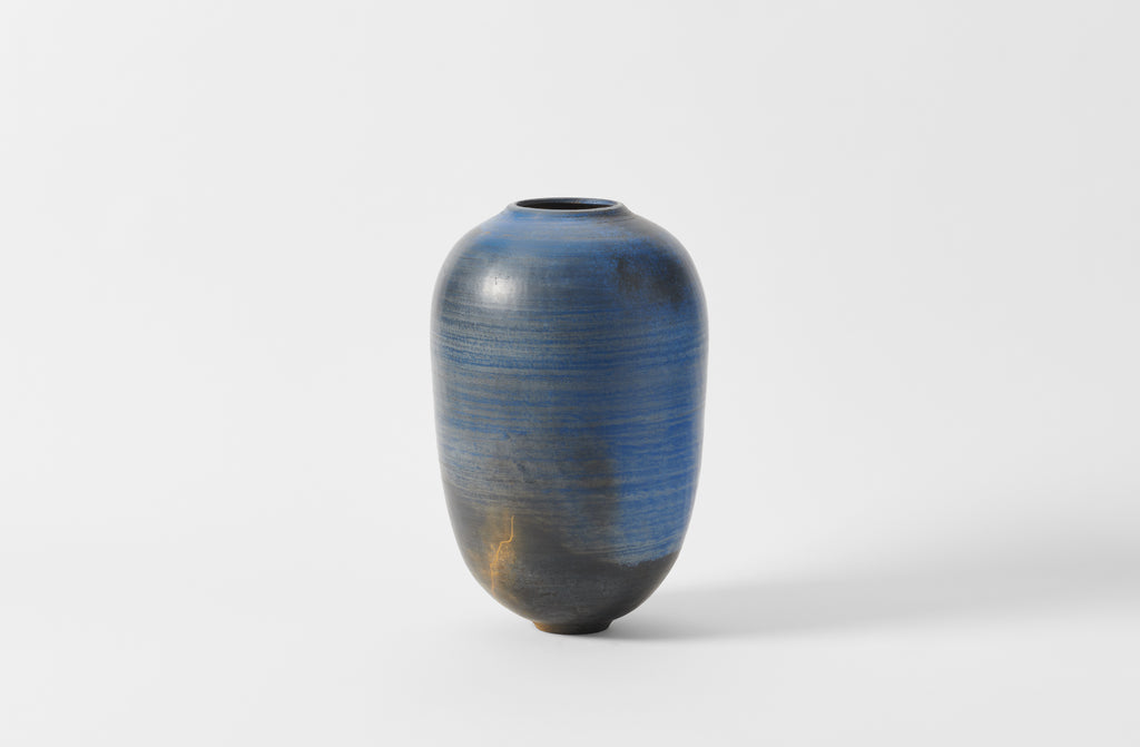 Karen Swami blue smoke fired extra large vessel with gold kintsugi
