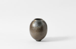 Karen Swami brown large smoke fired vessel with gold kintsugi.