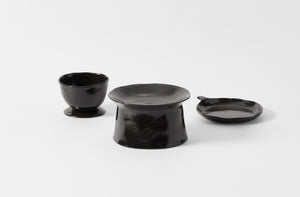 La Mere small ebony pedestal plate with footed bowl and dish with handle