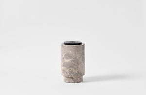 Michael Verheyden grigio carnico marble vase with leather lid.