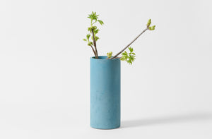 Turquoise Michael Verheyden concrete vase with green budding branches.