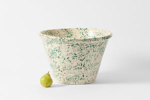 Extra large green splatterware basin bowl with a green pear.