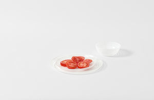 White stripe murano glass dinnerware with tomatoes. Default