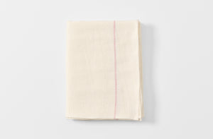 Embroidered red stripe white linen tablecloth.