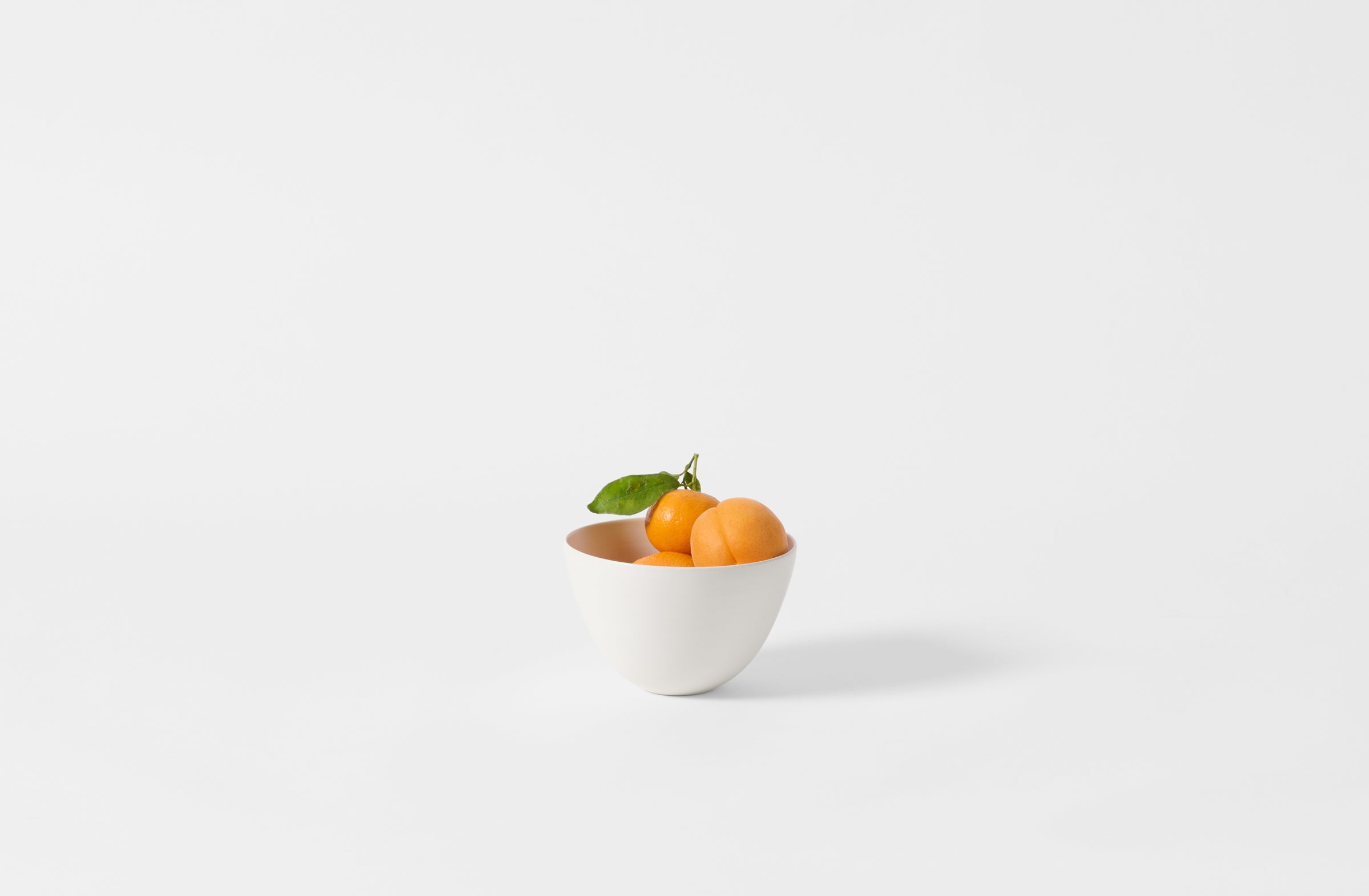 Small deep white Rina Menardi bowl with orange fruits.