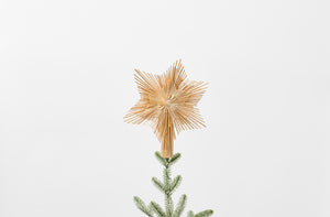 Straw star tree topper on tree.