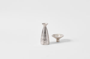 Takashi Endo silver sake bottle with silver sake cup.