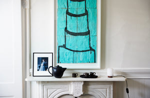 Gary-Komarin-Turquoise-Cake-Painting-with-Michael-Verheyden-Coprin-lamp-and-Christiane-Perrochon-teapot-and-espresso-cups-on-Mantle