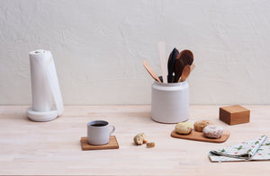 Tracie-Hervy-White-Ceramics-and-Michael-Verheyden-marble-Paper-Towel-Holder-on-counter-with-wood-utensils-Default