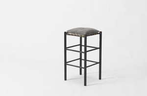 Brian Persico Ebonized Oak Windham Backless Stool with Rawhide Seat and Cushion