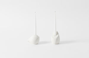 carol leskanic white gesso short and tall sculptural candlesticks with white taper candles
