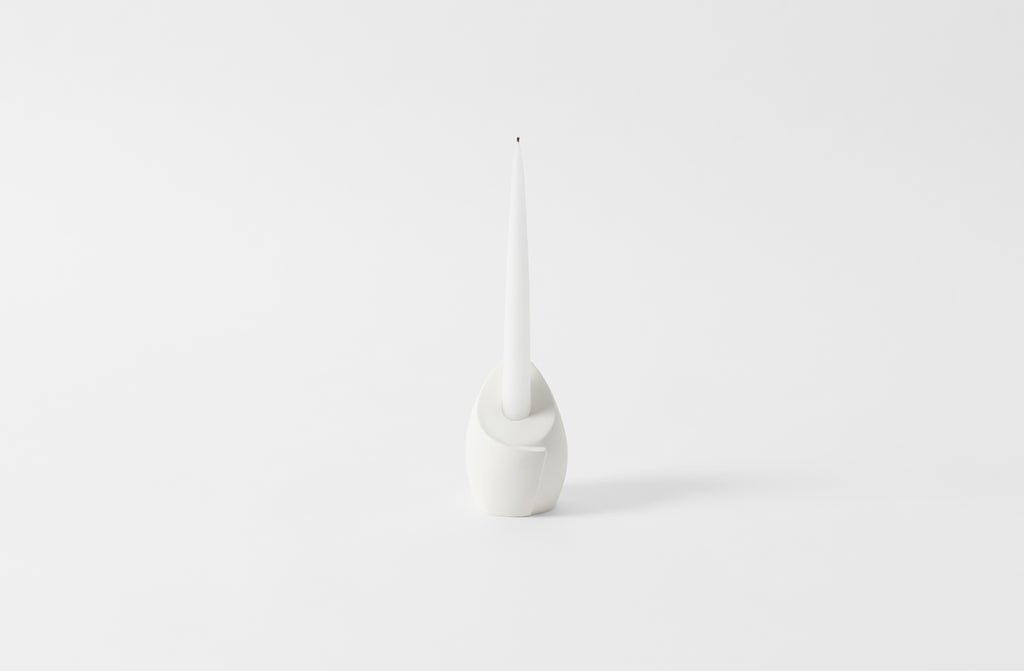 carol leskanic white gesso tall sculptural candlestick with white taper candle